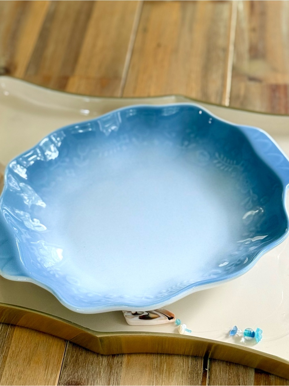 Ombré Blue Ceramic Serving Dish Floral Design